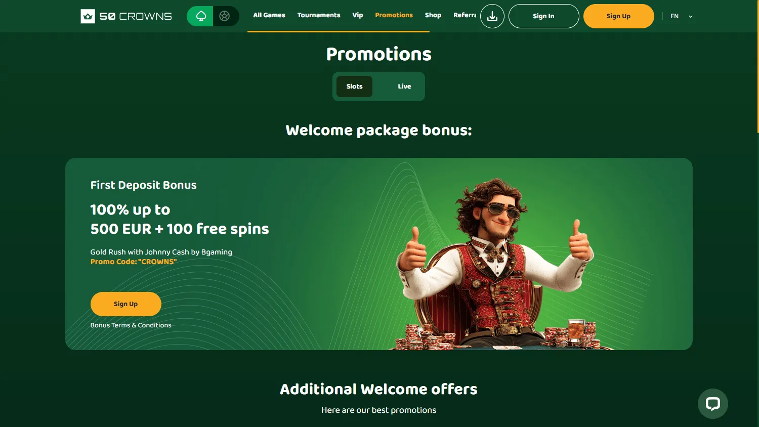 50 Crowns Casino desktop promotions area with deposit offers and free spins