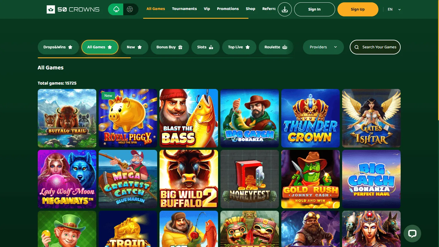 50 Crowns Casino desktop games area with casino titles and game categories