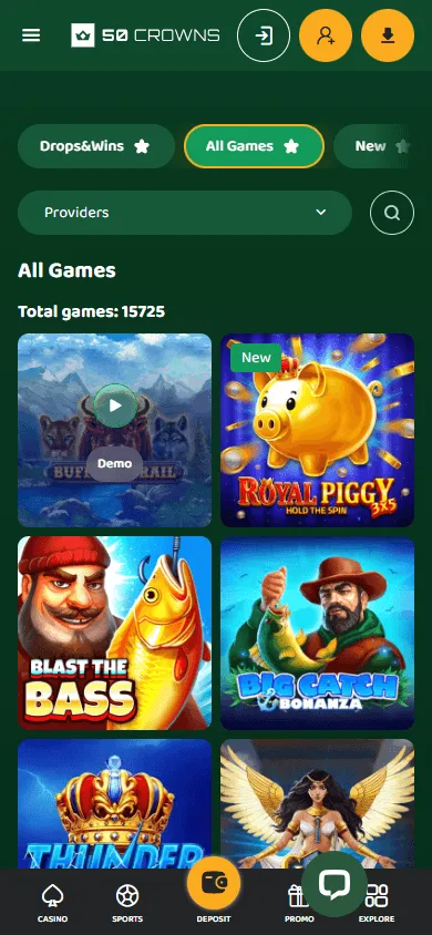 50 Crowns Casino mobile browser games area with casino categories
