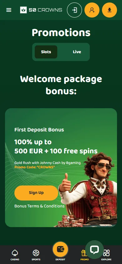 50 Crowns Casino mobile browser promotions area with bonus offers