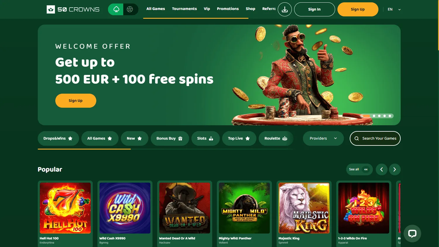 50 Crowns Casino desktop home showing the welcome offer and casino service