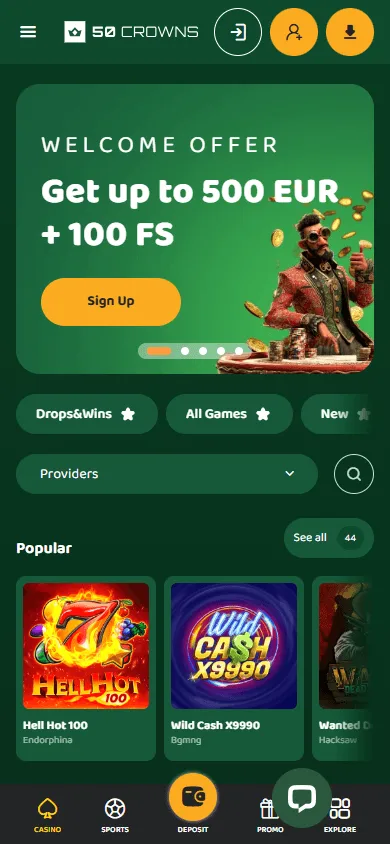 50 Crowns Casino mobile browser home with access to casino features